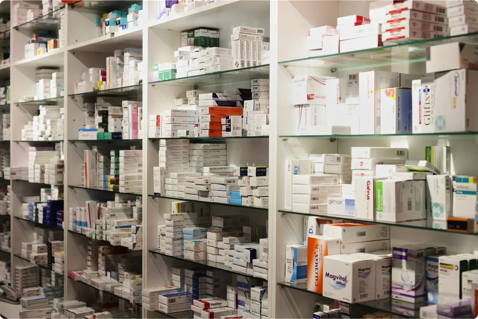 Shelves of medications in a pharmacy